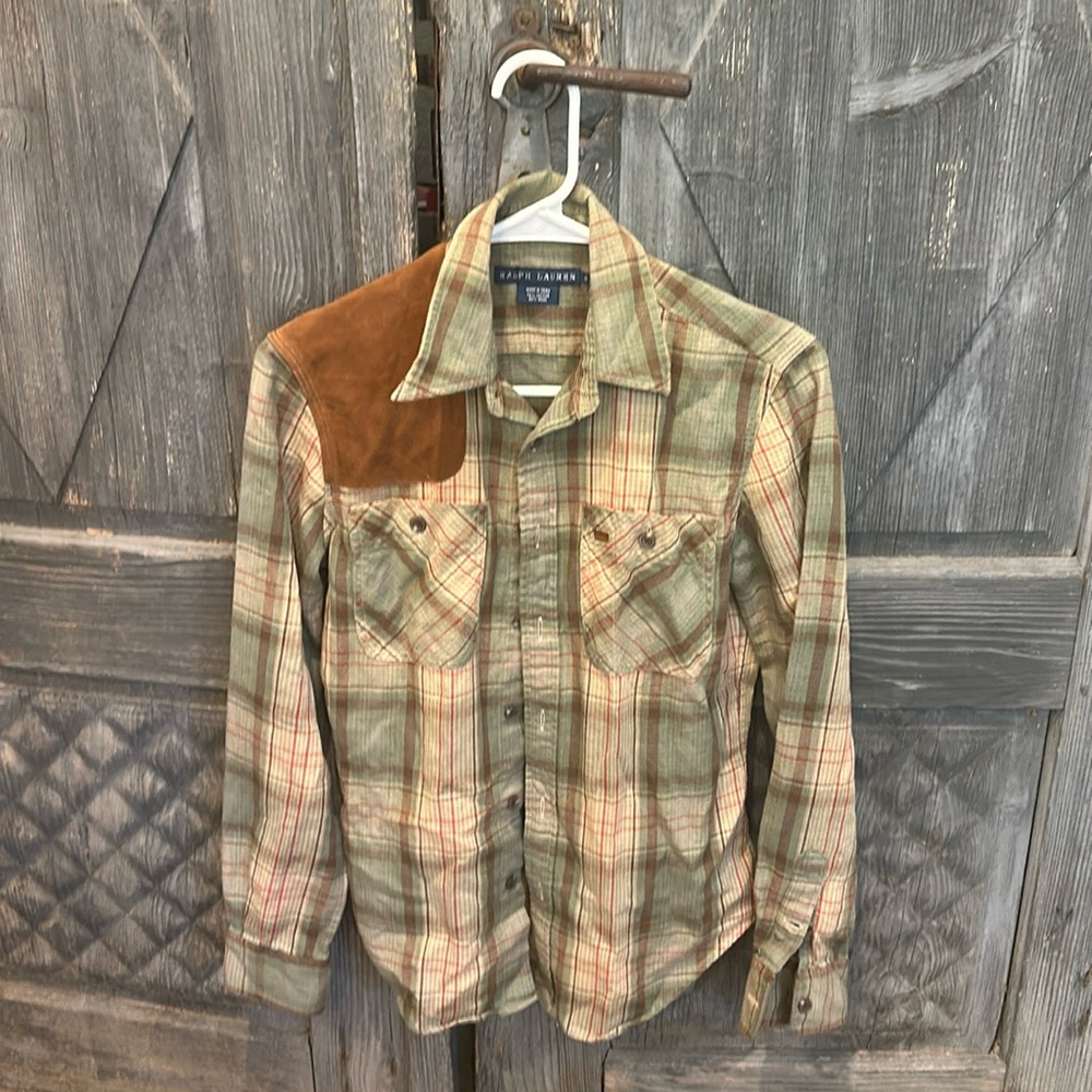 Ralph Lauren plaid button up faux suede